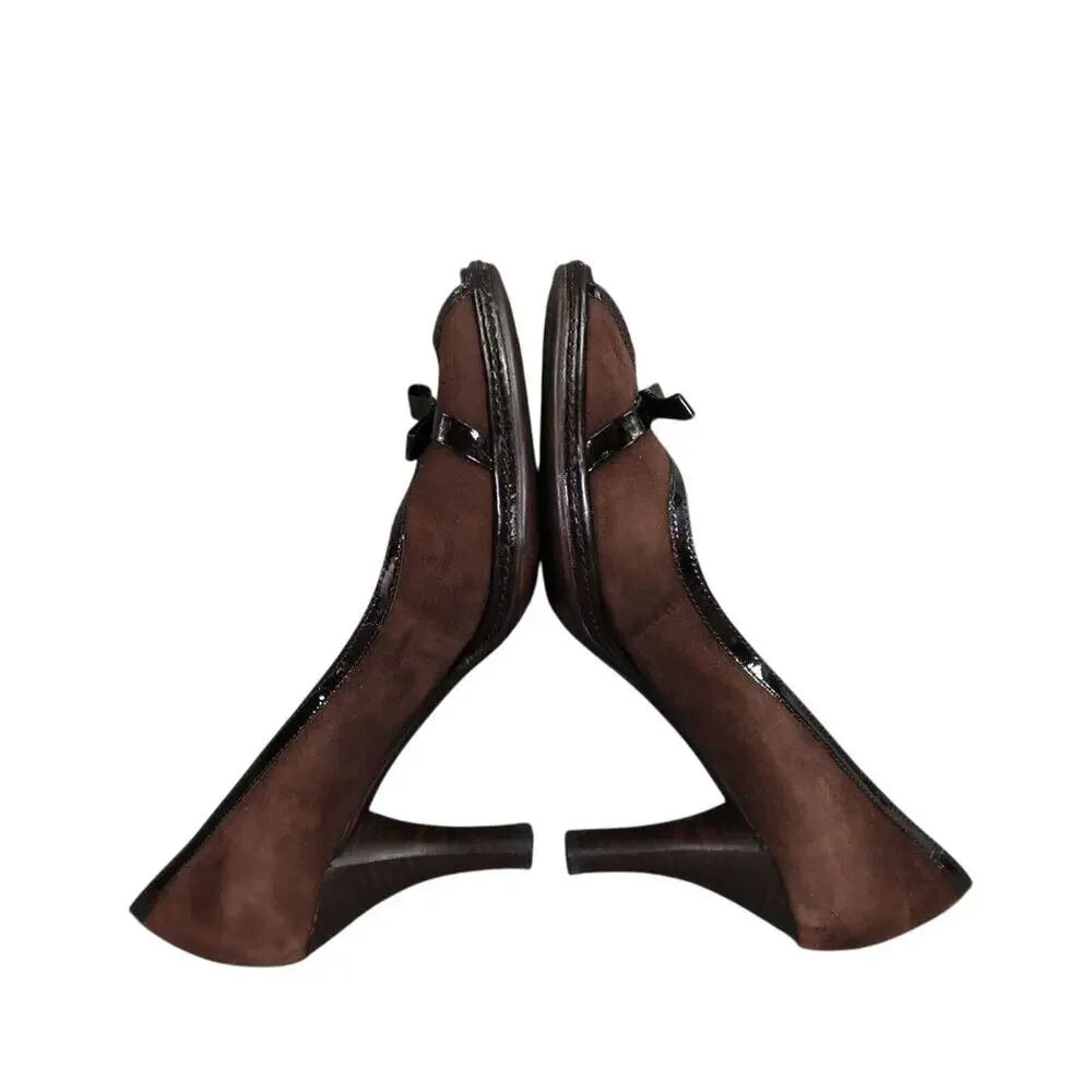 Sofft Shoes Womens 9.5 Pumps Heels Leather Fashion Peep Toe Classic Brown Bow